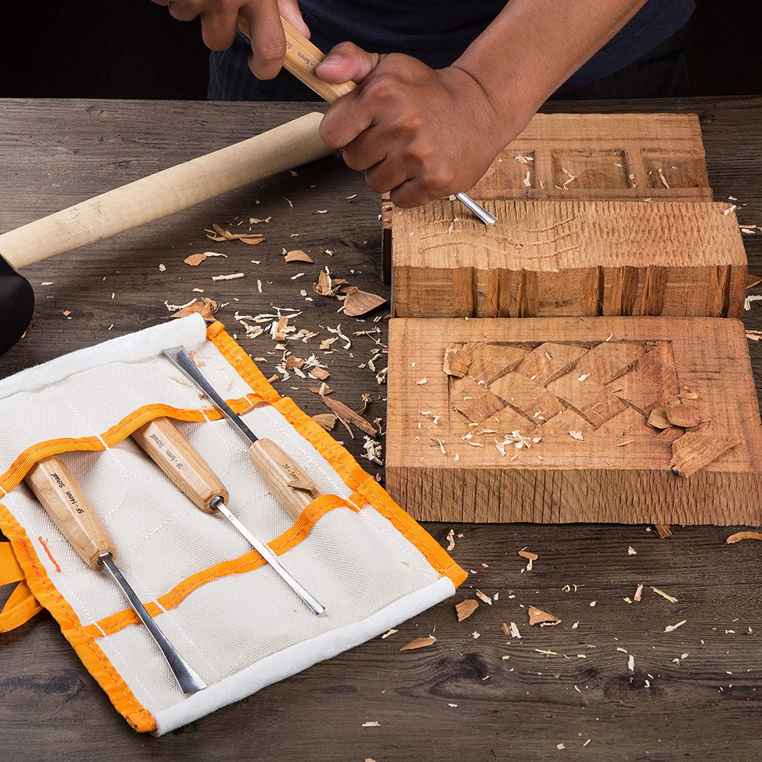 Wood worker using Schaaf Tools 4-piece Fishtail set
